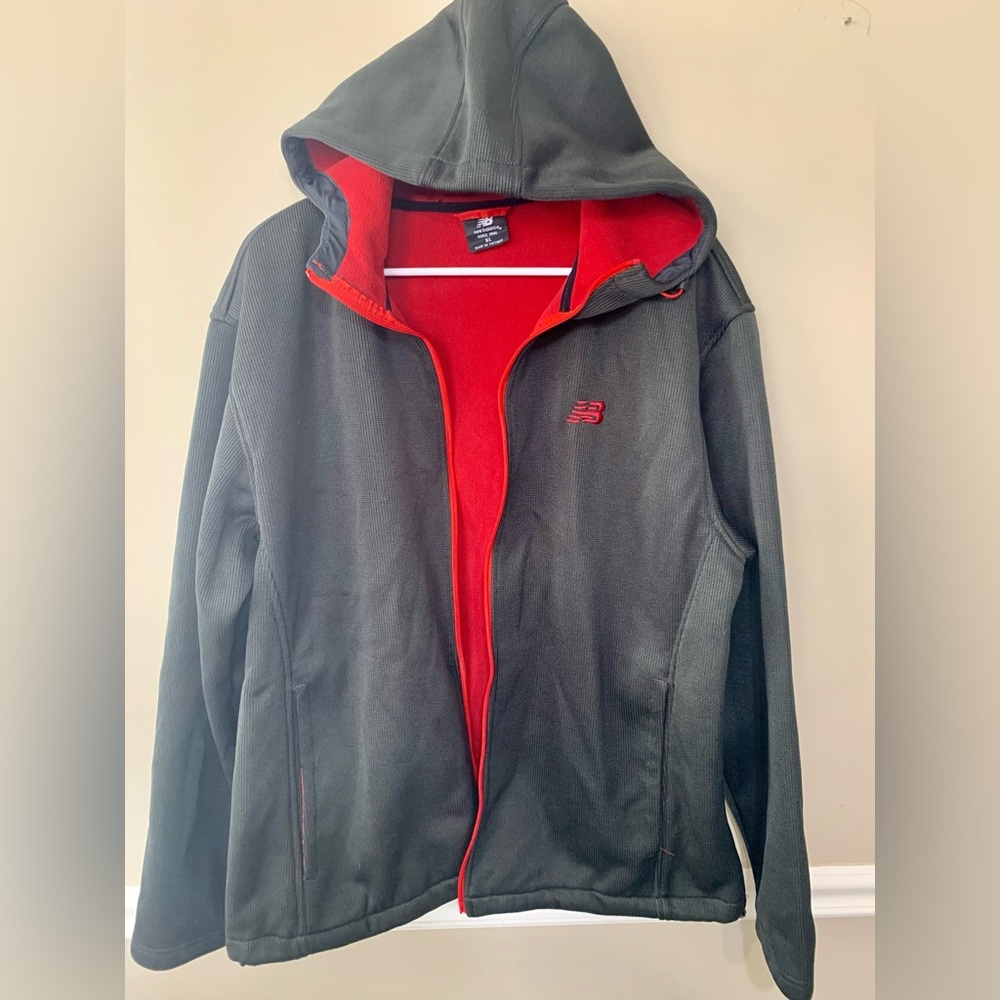 New Balance Men's Poly Knit Full Zip Hooded Jacket Gray w Red Logo Size XL